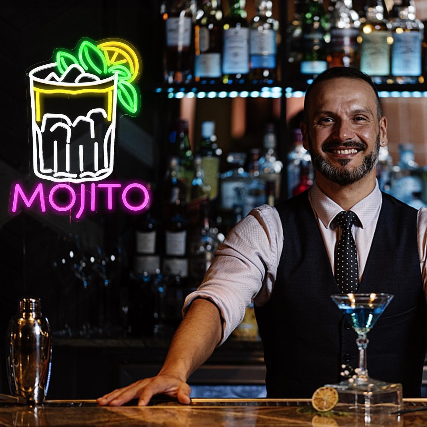 Mojito Neon Sign Mojito Cocktail Neon Light for Wall Decor Dimmable LED USB Powered Mojito Light Up Sign for Bar Club Party Home Bar Man Cave Living Room （16.7 * 12.8In）