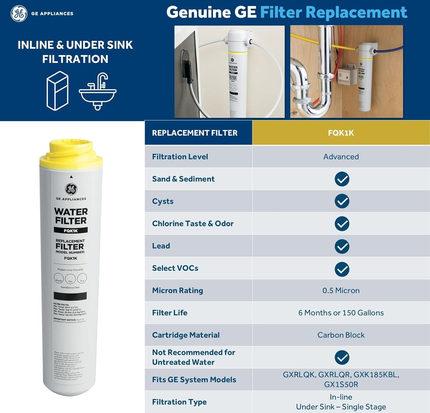 GE FQK1K Under Sink Water Filter | Replacement for Water Filtration System | Easy Install | Reduces Sediment, Rust & Other Impurities from Water | Replace Every 6 Months for Best Results | 1 Filter