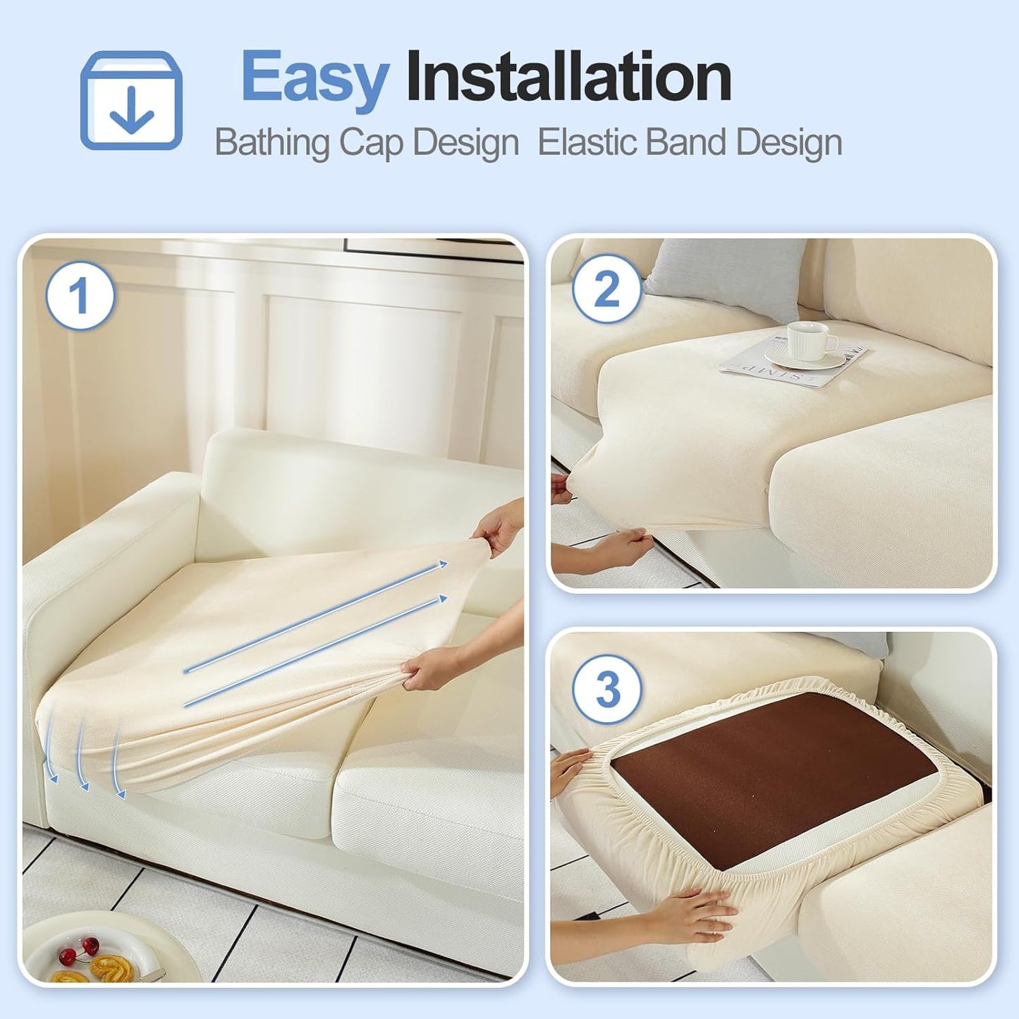 Individual Couch Cushion Covers, Stretch Sectional Couch Covers for L Shaped Sofa, Softer Chenille Sofa Covers for 3 Couch Cushions, Non-Slip Seat Slipcover Protector (3 Piece, Beige)