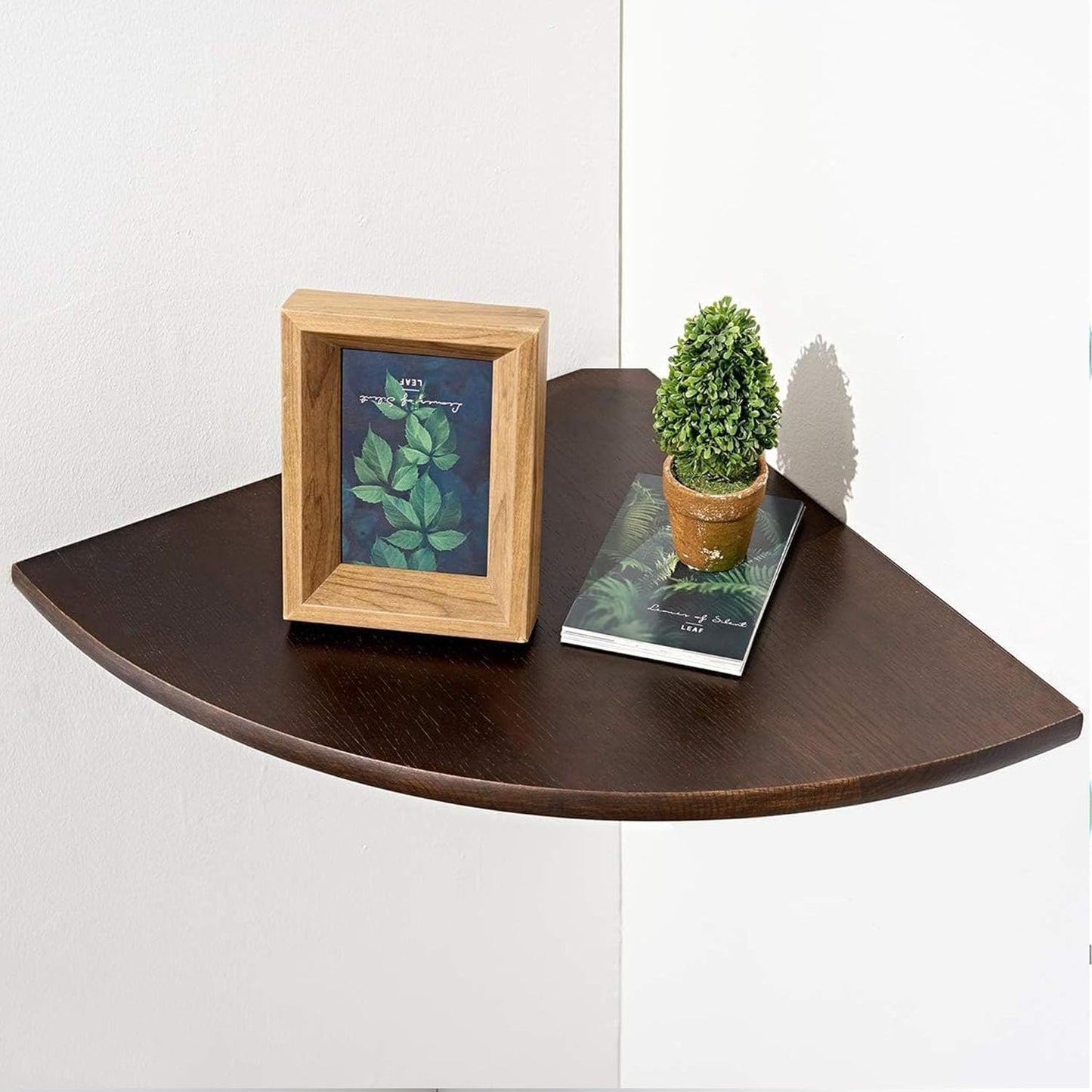 Corner Shelf,16inch Walnut Solid Wood Floating Corner Shelves Wall Mount Round End Floating Speaker Rack with Wire Hole for Small Plant for Bedroom Kitchen, Living Room
