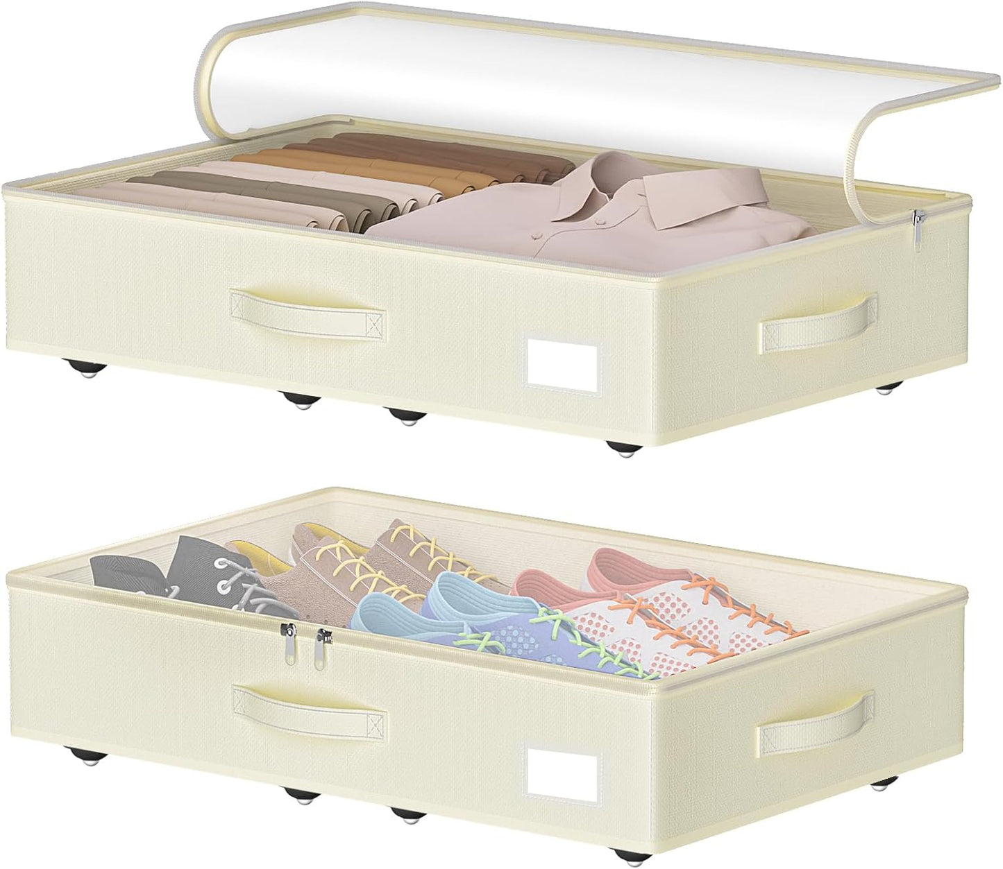 Under Bed Storage with Wheels, No Assemble Required 5.5 inches height beige under bed storage bins,Low Profile Rolling Under bed Shoe Storage containers，dorm under bed storage drawers
