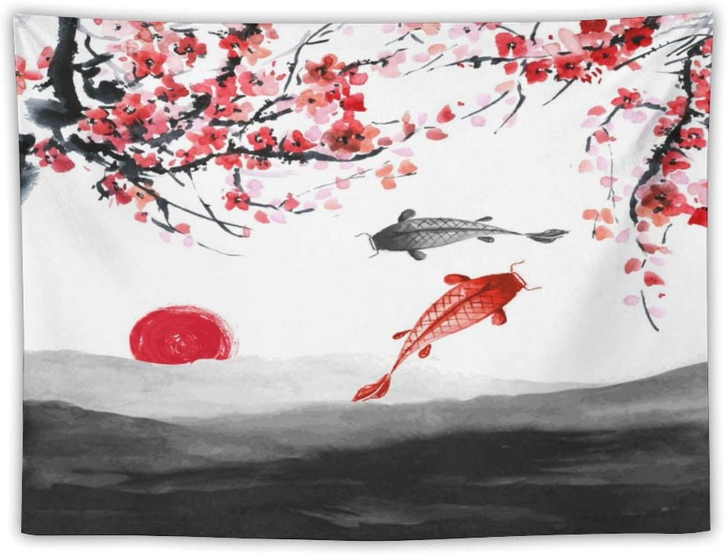 Houselerax Japanese Koi Fish Tapestries, Cherry Blossoms Asian Oriental Flower Branch Koi Fish Carp Tapestry Wall Hanging for Bedroom Living Room Office Decor 90"x60"