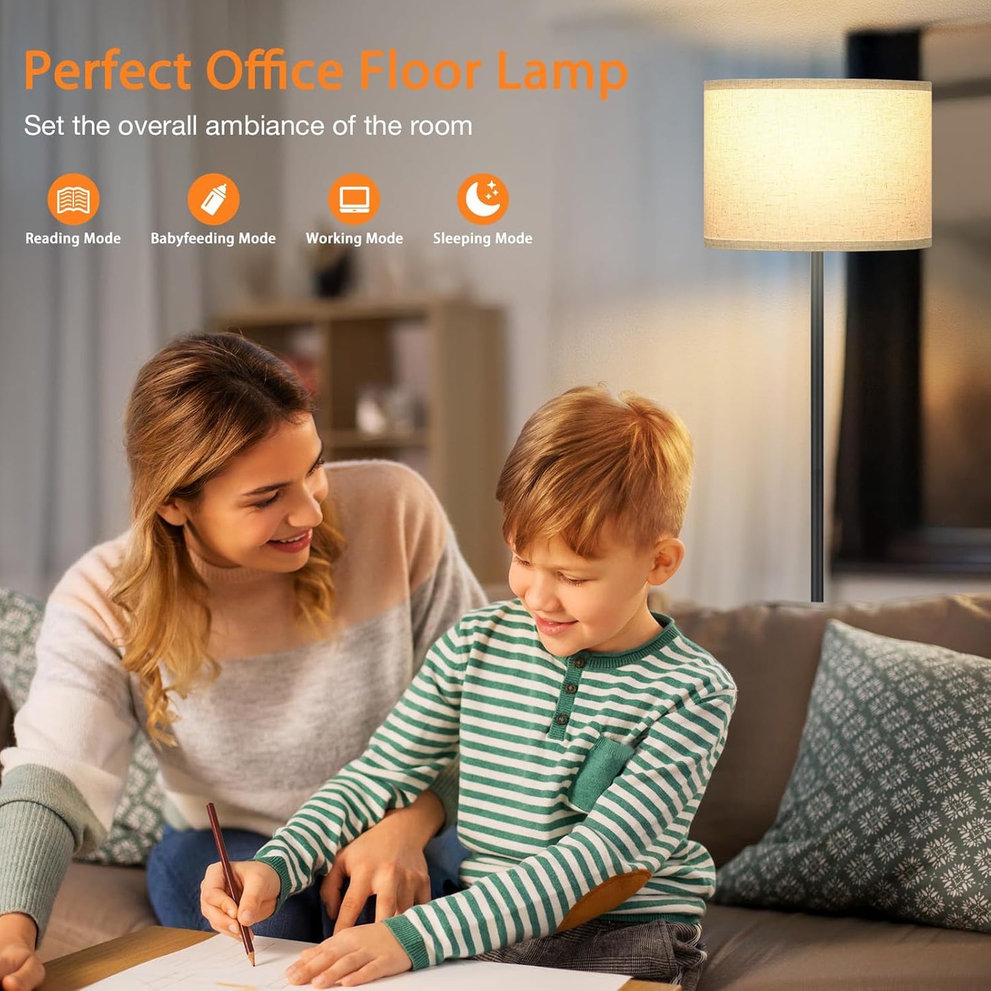 Ambimall 60'' Modern Floor Lamp with Remote, Tall Lamps for Living Room, Bedroom, Office, Dining Room, Beige Shade with Black Pole(Included Bulb)