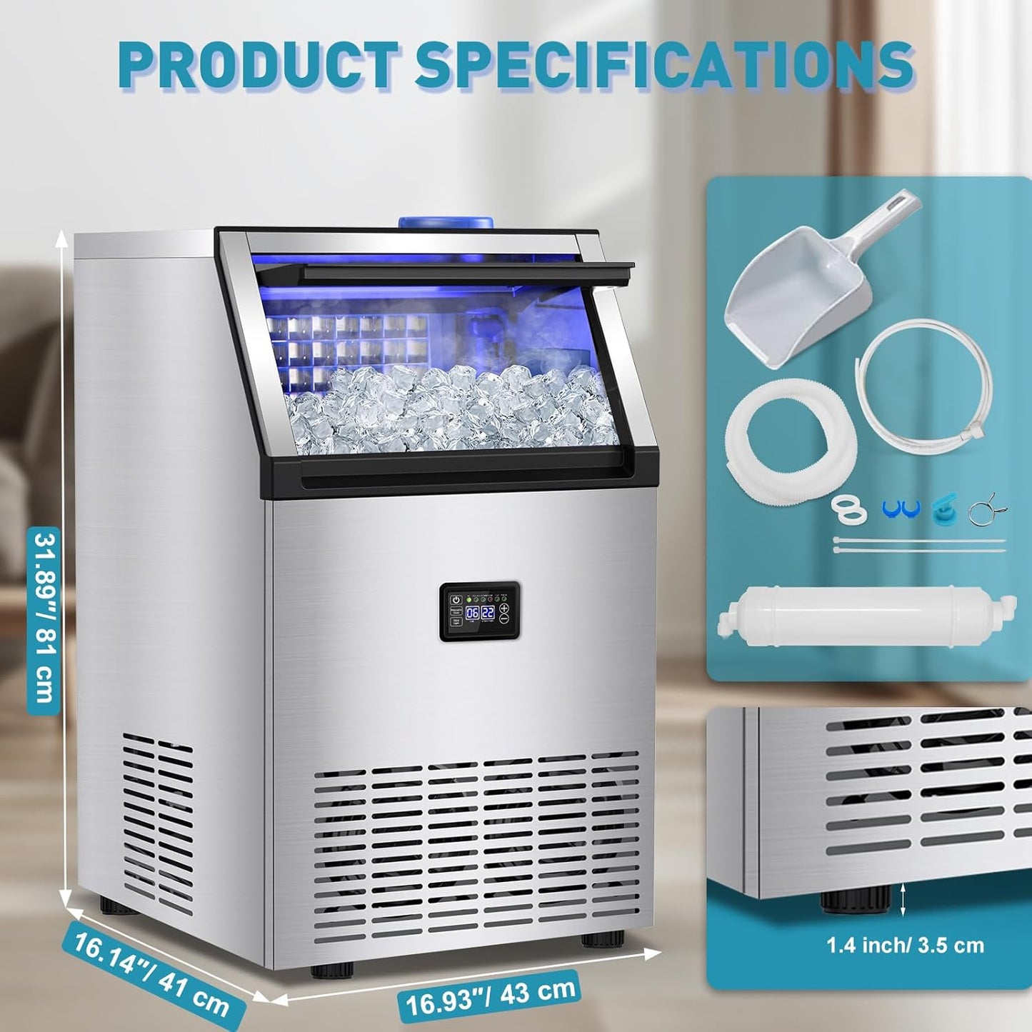 Commercial Ice Maker Machine, 175Lbs/24H with 45Lbs Storage, 55Pcs Clear Ice Cubes in 8-15Mins, Freestanding Stainless Steel Ice Machine for Home, Bar, Party, Office - Fast Ice Making & Easy to Clean