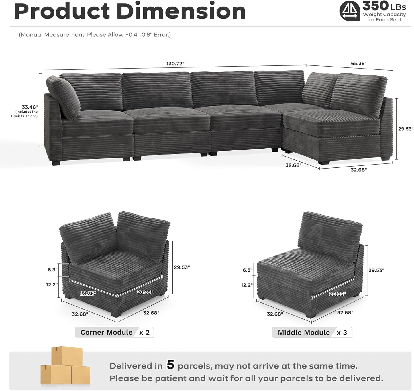 ovios Sectional Sofa Couch with L-Shape Chaise Oversized, Comfy Modular Cloud Couches with Deep Seat, Modern Upholstered Plush Corduroy Sofas Set for Living Room, 5-Seater, Grey