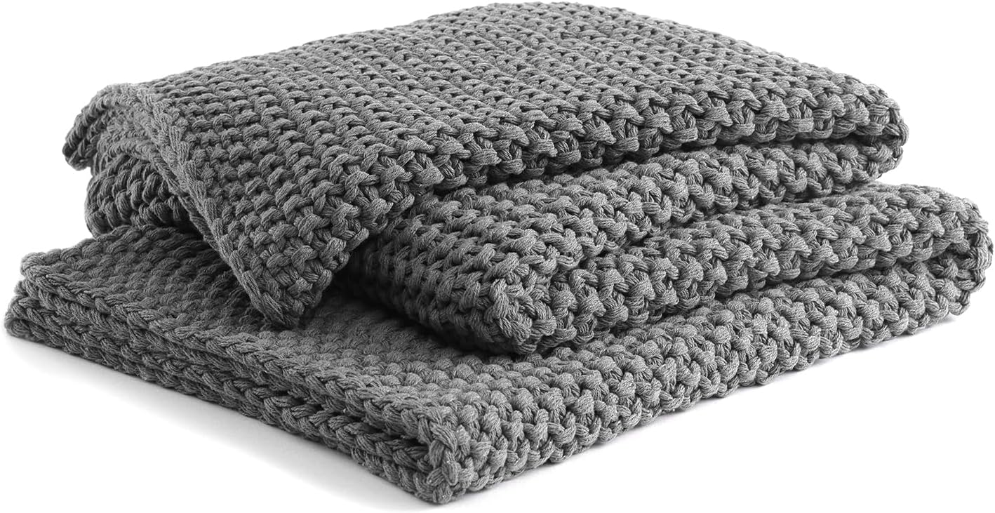 YnM Chunky Cotton Knit Throw Blanket, Cable Knit Throws for Bed Couch Sofa, Comfy & Relaxing, Decorative Piece for Farmhouse Modern Boho Rustic Scandinavian Chic Vibe, Moon Grey 80x87 Inches