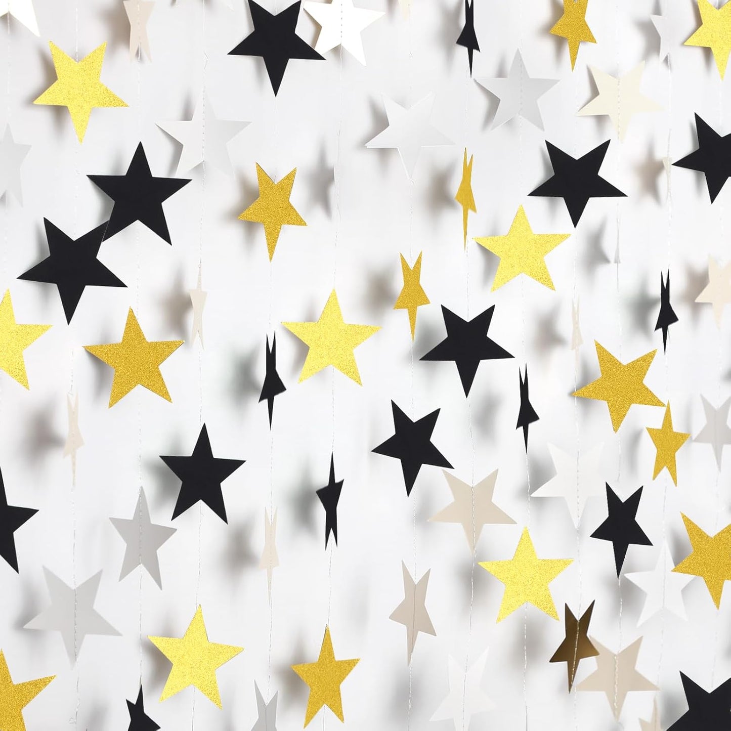 Patelai Glitter Star Garland Banner Decor 130 Feet Star Hanging Bunting Banner Twinkle Backdrop for Homecoming Classroom Wedding Birthday Halloween Christmas Party Supplies(Silver Gold Black)