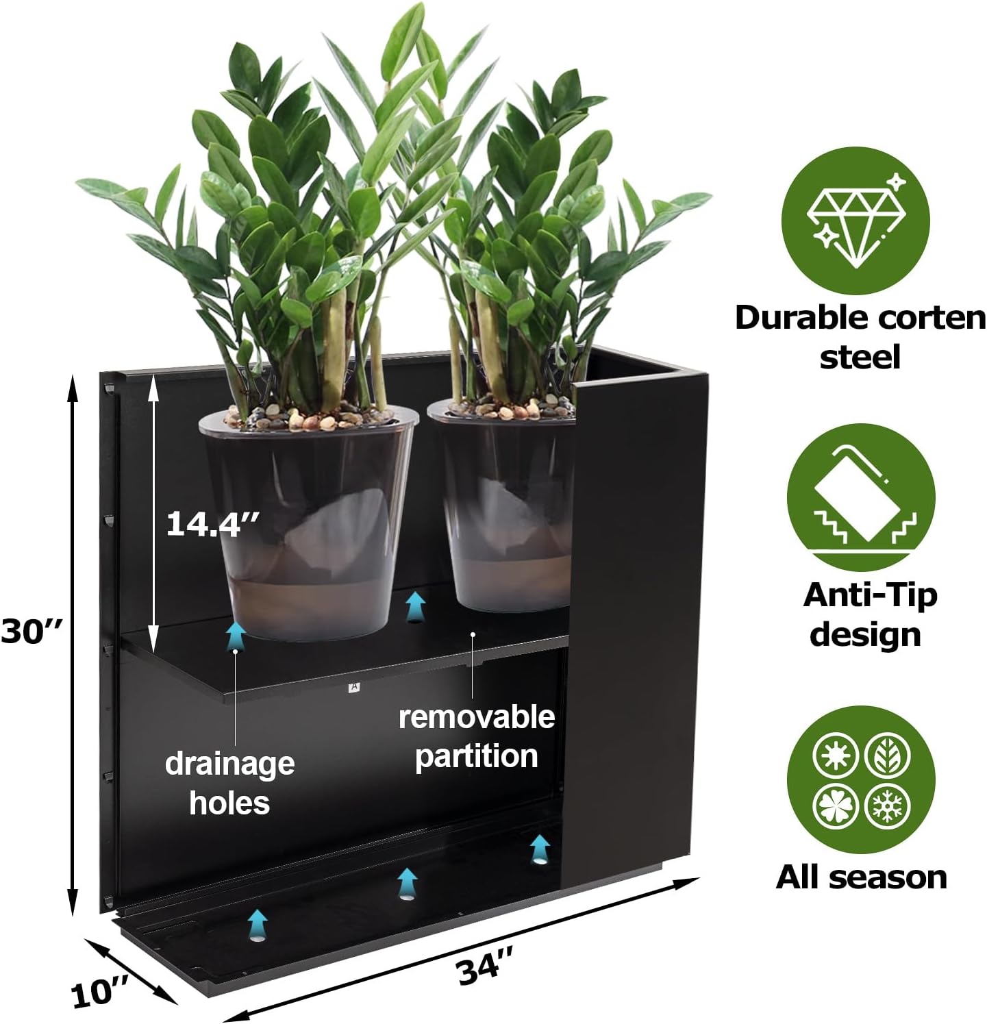 Large Rectangular Metal Planter Box Outdoor 30" H x 34" W x 10" D,Tall Flower Pot with Quick Installation,Long Black Planters for Outdoor Plants with Drainage Holes for Plants,Patio,Garden