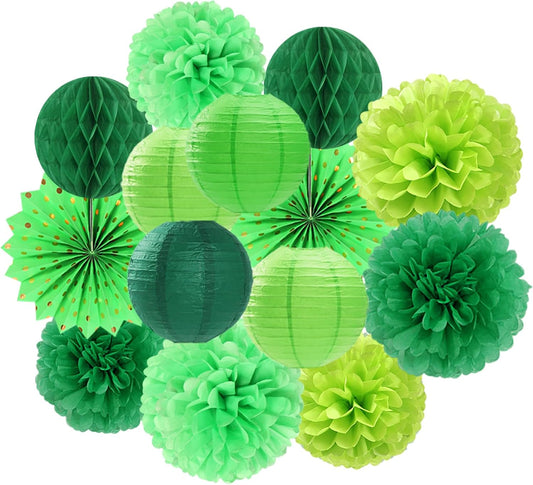 Green Party Decorations Streamers Lanterns - 14pcs St Patricks Day Paper Lanterns Fan,Tissue Pom Poms,Honeycomb Spring Summer Birthday Wedding Engagement Baby Shower Decor Ouruola