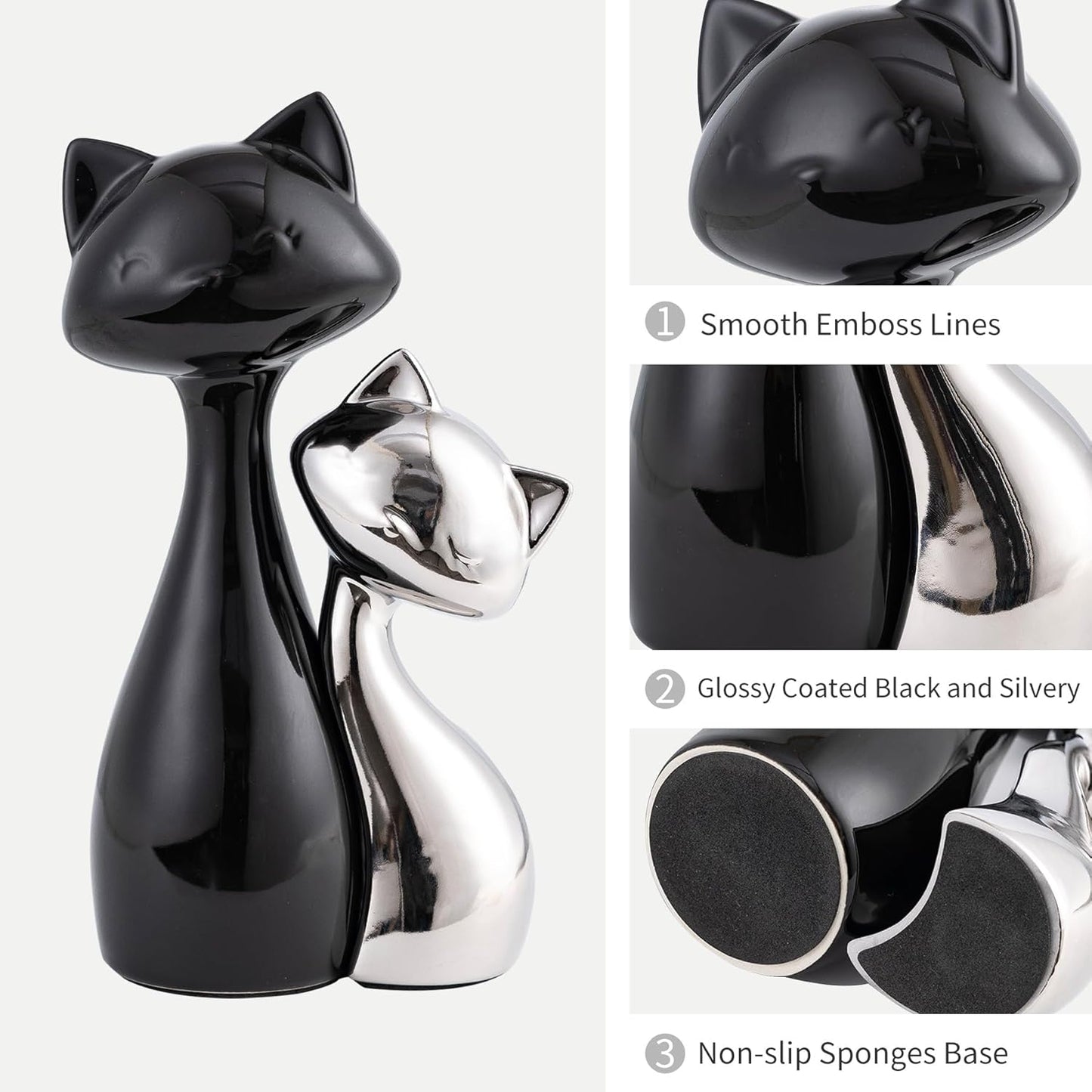 Ceramic Cat Statue Set, Black & Silver Cute Home Decor Figurines, Lucky Cats Desk Accessories for Cat Lovers, Memorial Cats Themed, Modern Collectible Decor for Bookshelf, Living Room