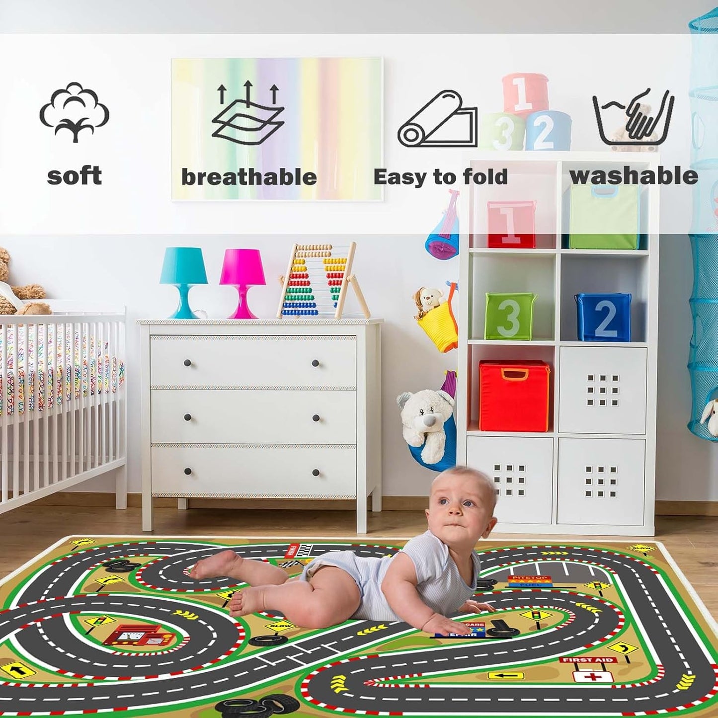 Kids Rug Play mat Playroom Rugs Car Rugs for Kids Toy Cars Race Track for Classroom Rug (Race-Brown, 3.3x4.9ft)