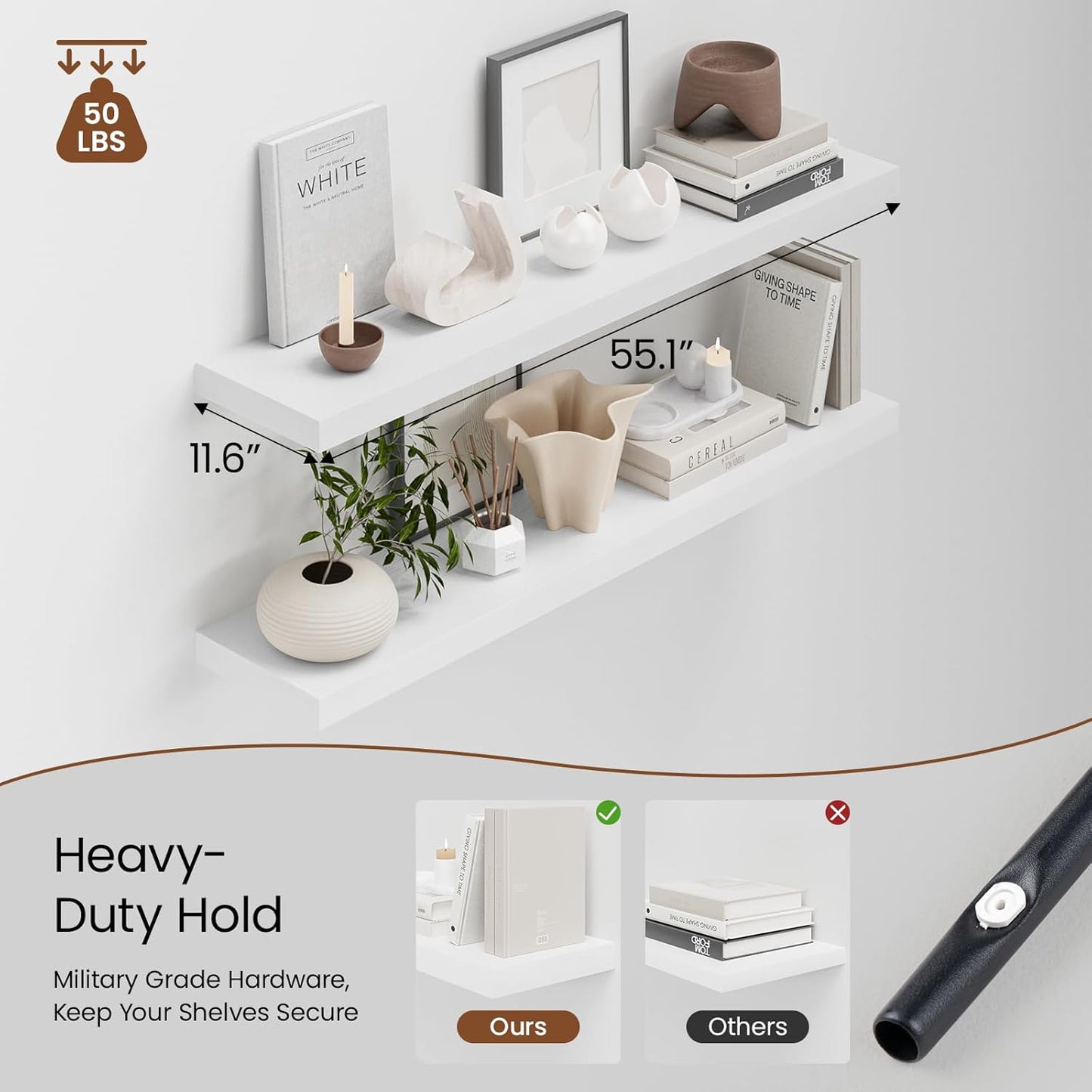 Heimlove 55 x 12 inch Extra Long Floating Shelves for Wall, 12 Inch Deep Floating Shelves, Large Display Shelf & Storage Shelf for Living Room Bedroom Kitchen Home Office, Set of 2, White