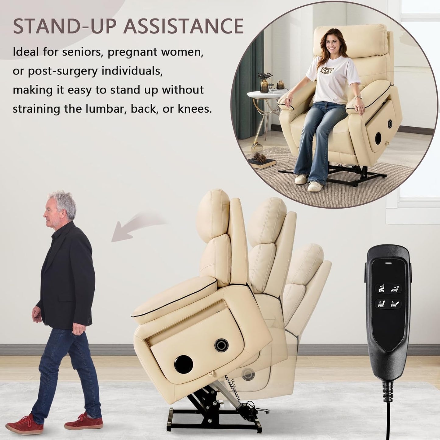 Dual Motor Power Lift Recliner Chair for Adult & Elderly, Infinite Position Lay Flat Lift Chair with Heat & Massage, Cup Holder, Lumbar Pillow, Wireless Charger, USB Ports, Leather (Beige)