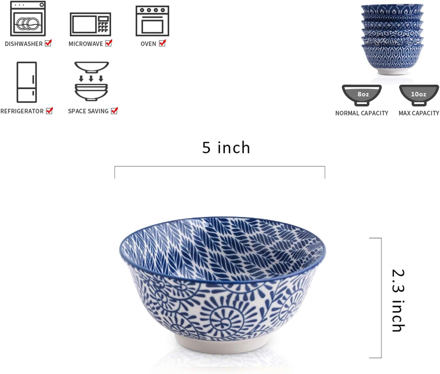 Selamica Porcelain 11oz Ice Cream Bowls Set of 6, Small Bowls, Ceramic bowls for Dessert, Ice Cream, Vintage Blue