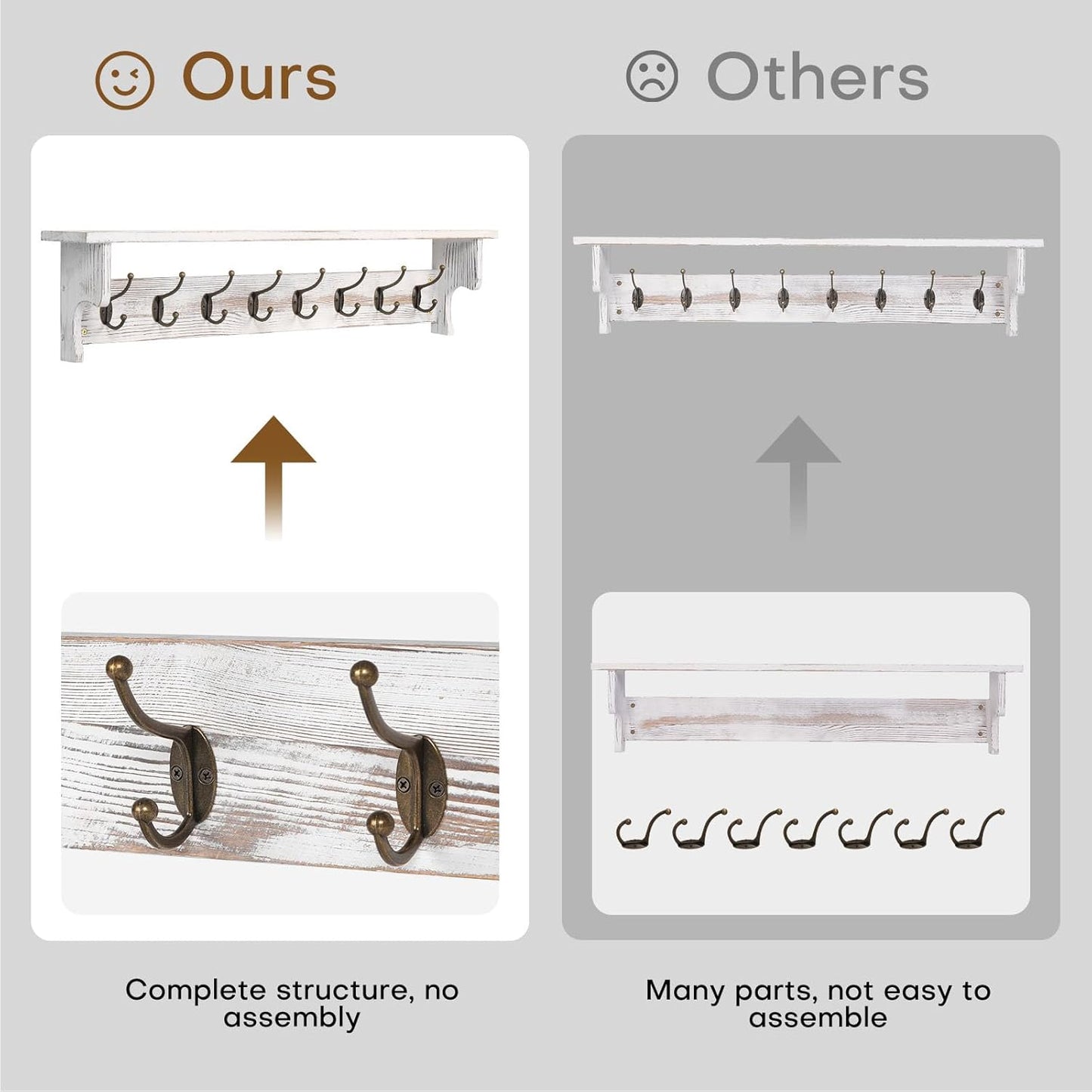 BECHAEO 35.8'' Wood Coat Rack Wall Mount with Shelf, White Wall Coat Rack with Hooks, Farmhouse Rustic Coat Hooks for Entryway Bathroom Hallway Kitchen Bedroom