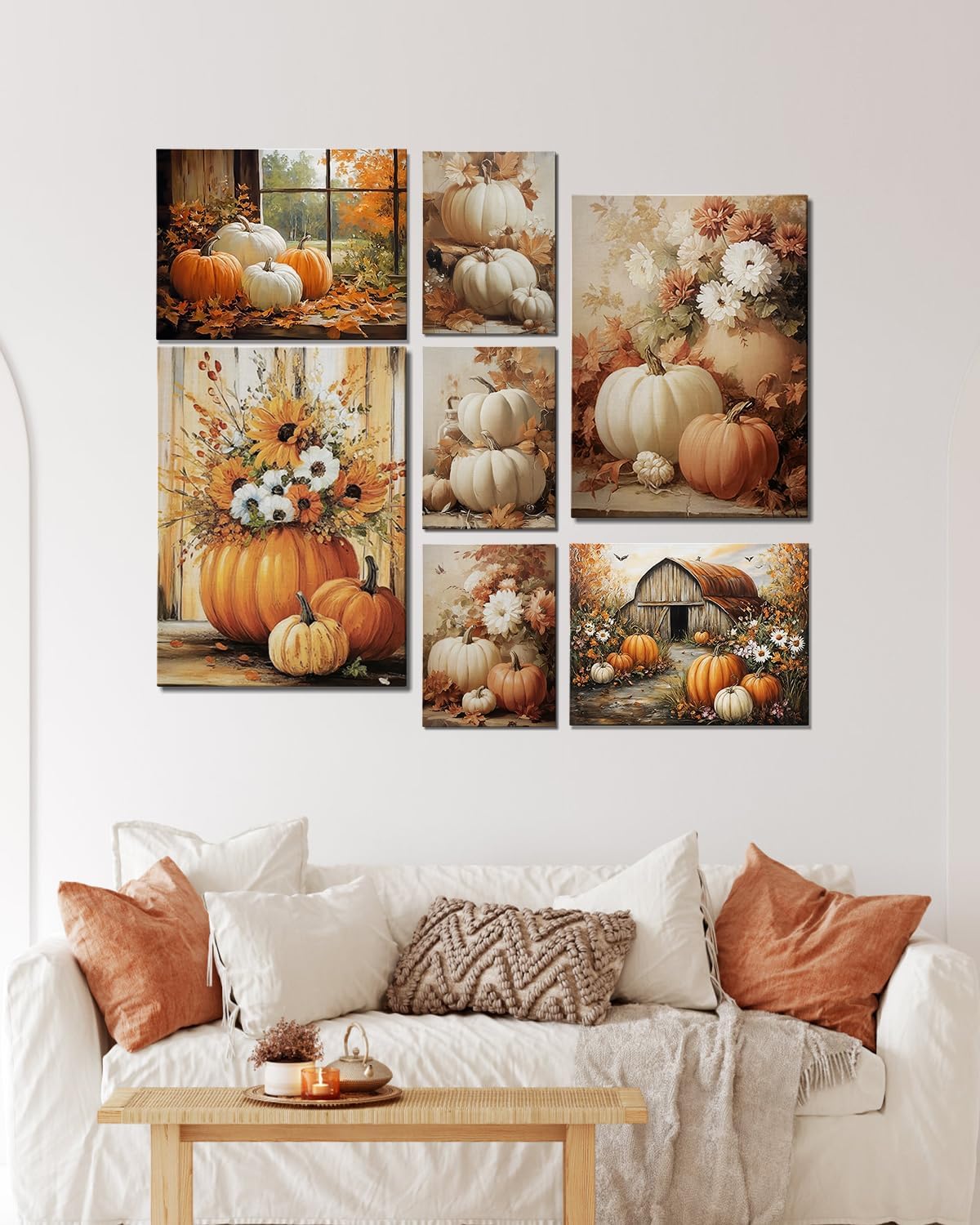 AbcCustomize Fall Wall Art Pumpkin Floral Print, Vintage Thanksgiving Decorations Canvas for Autumn Decor, Rustic Daisy Farmhouse Wall Art Decor for Bedroom Living Room Kitchen, Ready to Hang