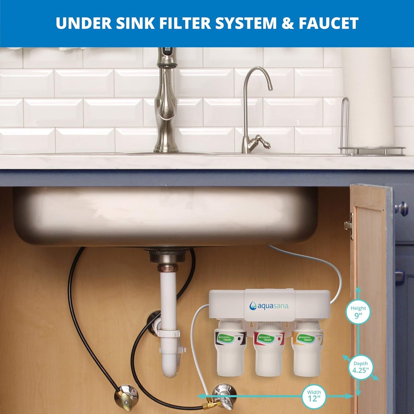 Aquasana Under Sink Water Filter System - Reduces PFAS, Lead, & Chlorine in Drinking Water - Under Counter Claryum Filtration for Kitchen - 3-Stage - Chrome Faucet - AQ-5300.56