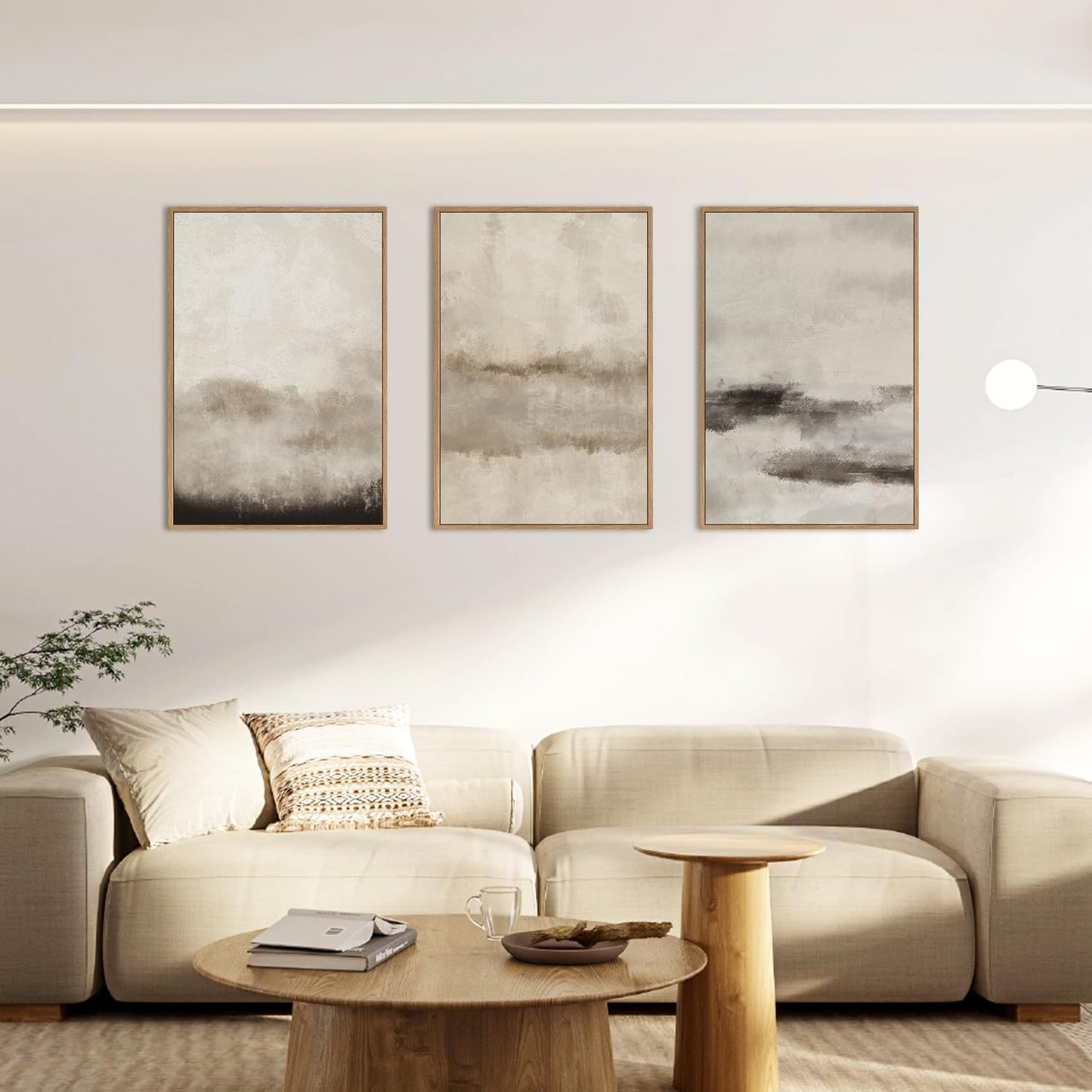 HPINUB Large Abstract Framed Canvas Wall Art Set,Minimalist Beige Gray Pastel Watercolor Wall Decor,Modern Illustration Neutral Art Painting for Living Room,Bedroom,Dining Room,Office -24"x36"x3