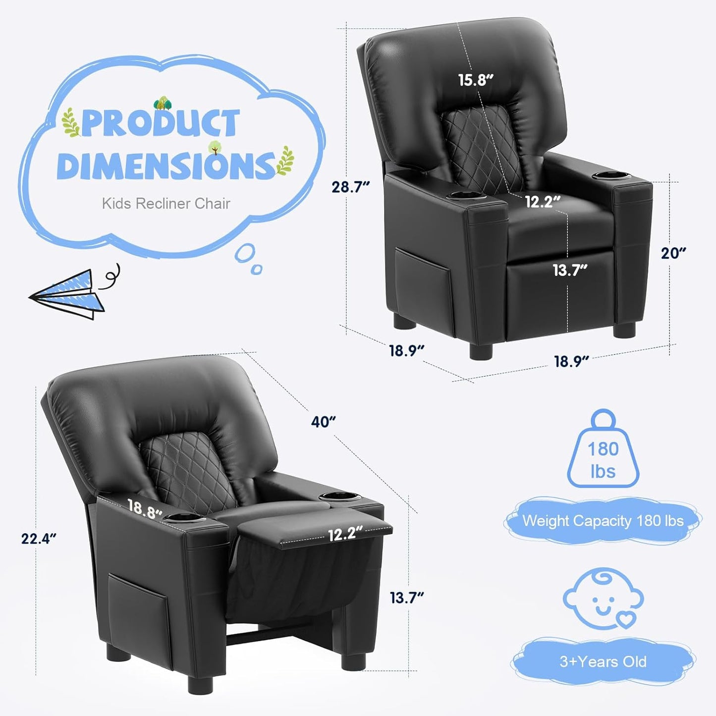 Kids Recliner Chair, Leather Push Back Kids Reclining Chair with Cup Holders & Side Pockets, Safety Adjustable Footrest Toddler Recliner for Age 3+, Kid Recliners for Girls Boys, Black