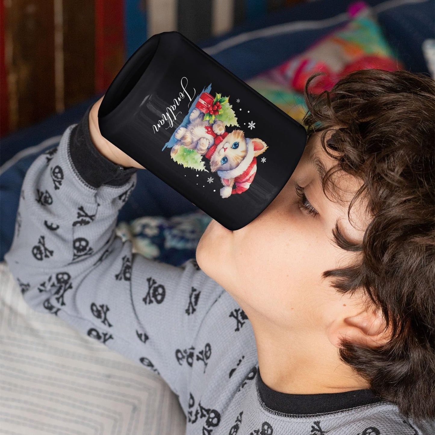 Cute Christmas Cat Cup, Customized Animal Coffee Mug, Gift For Birthday, Personalized Animal Lover Black Cup 11oz 15oz, Custom Xmas Cat Design Mug For Girl