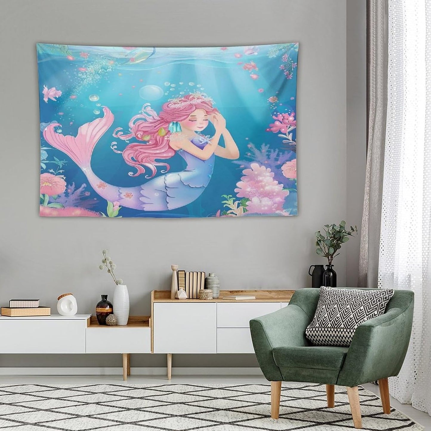 HZOHNAGO Mermaid Girls Tapestry Watercolor Flowers Mermaid Princess Blessing Pattern for Kids Room Decoration Printed Wall Tapestry Wall Hanging for Bedroom Living Room Dorm 60" W x 40" H