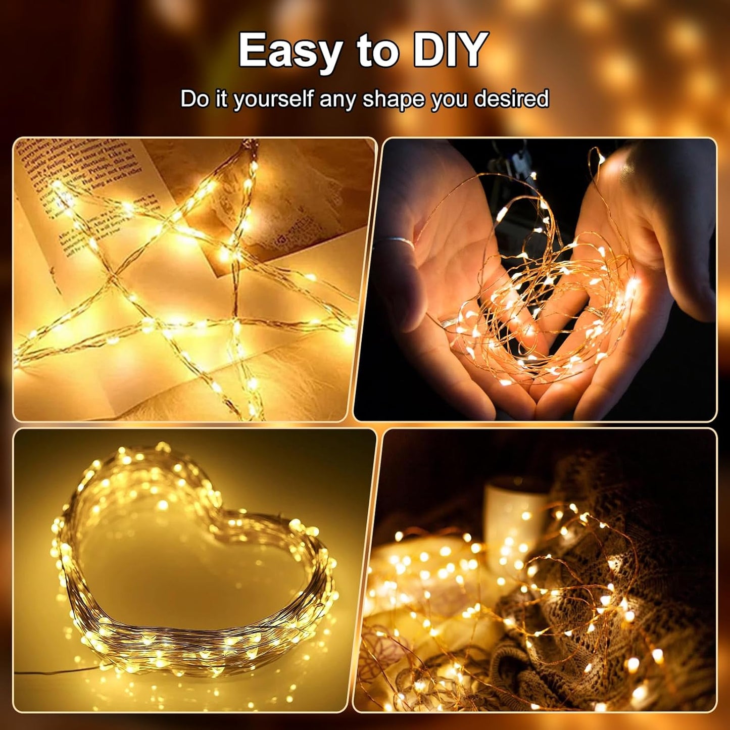 Fairy Lights Battery Operated String Lights 16.4ft 50LED Flashing and Constant Light Waterproof Silver Wire for Christmas DIY Party Bedroom Wedding (Warm White, 4 Pack)
