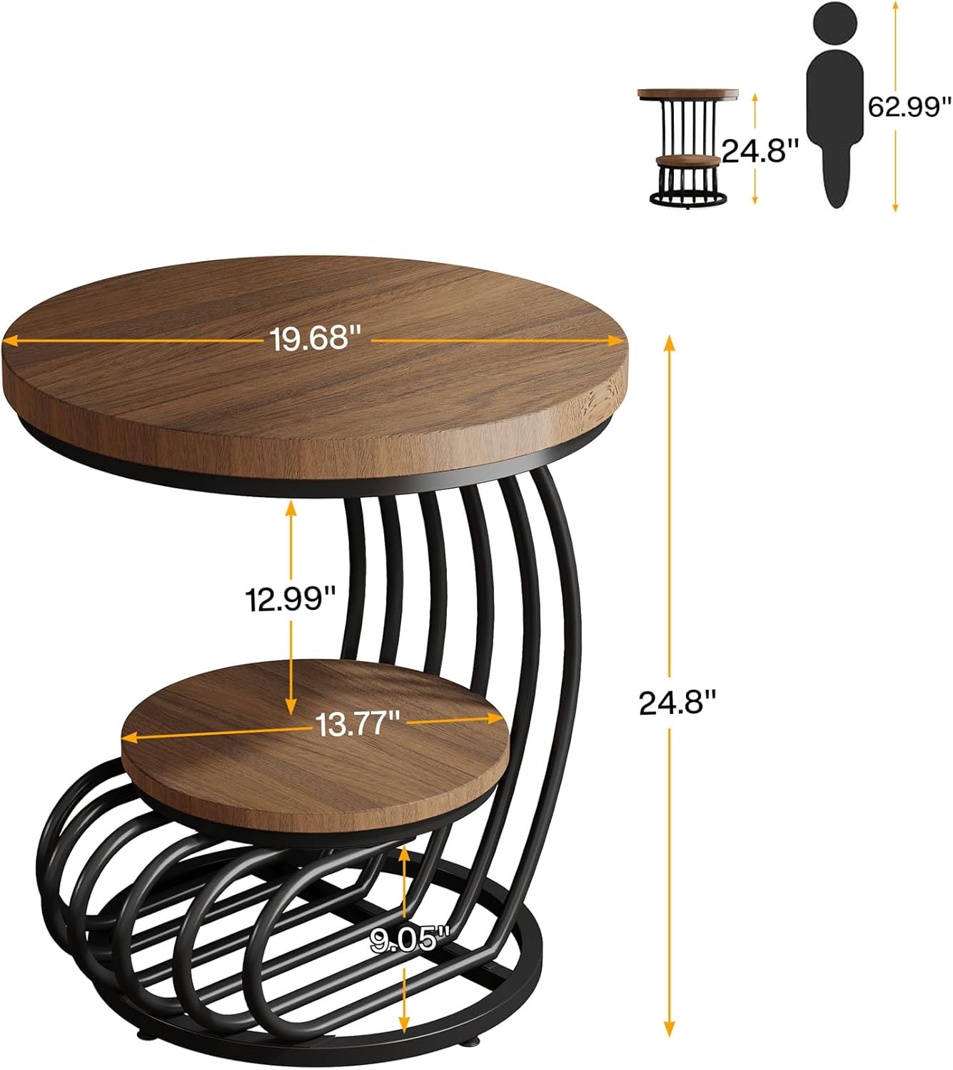 Tribesigns Round End Side Table: 2 Tiers Side Table Set of 2, Vintage End Table for Living Room, Small Bedside Table Accent Table with Arc-Shaped Frame, Light Brown