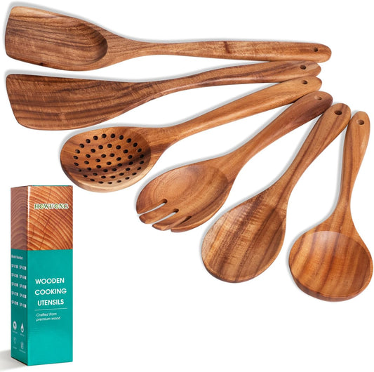 Wooden Spoons for Cooking 6 Piece - Natural Teak Wood Kitchen Utensils Set - Smooth Finish Soft Comfort-Grip Safe for Nonstick By HOWHONG