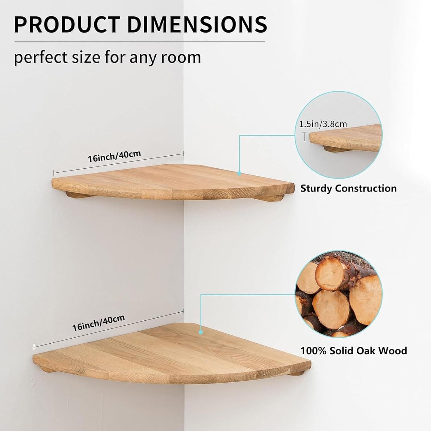 Corner Shelves, Floating Corner Shelf, Set of 2 16inch Solid Oak Wood Wall Shelves, Round End Wall Mount Display Shelf with Wire Hole for Bedroom Kitchen, Living Room