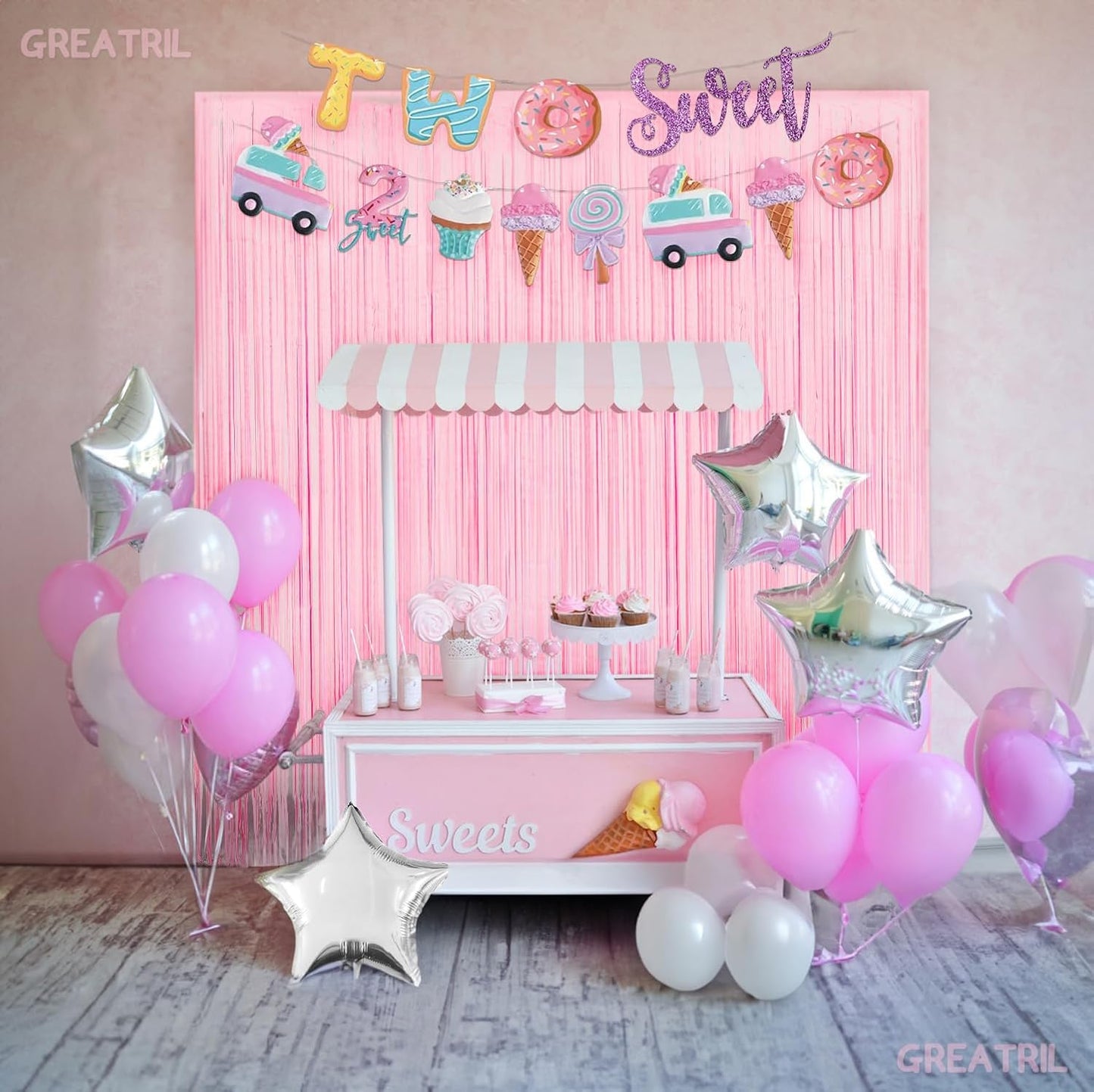 Pastel Pink Party Backdrop Decoration - GREATRIL Baby Pink Foil Fringe Streamers for Baby/Boo Day/Valentines/Cowgirl/Sweet/Cloud/Unicorn/Princess/Bow Themed - 3.2ft X 8.2ft - 2 Packs