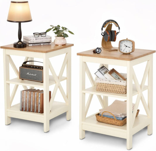 ALPHA HOME Side Table, Farmhouse End Table Set of 2, Bedside Table 3-Tier Storage Shelf for Small Spaces, Sofa Couch Table, Coffee Table, Nightstands Set for Living Room, Bed Room, Ivory