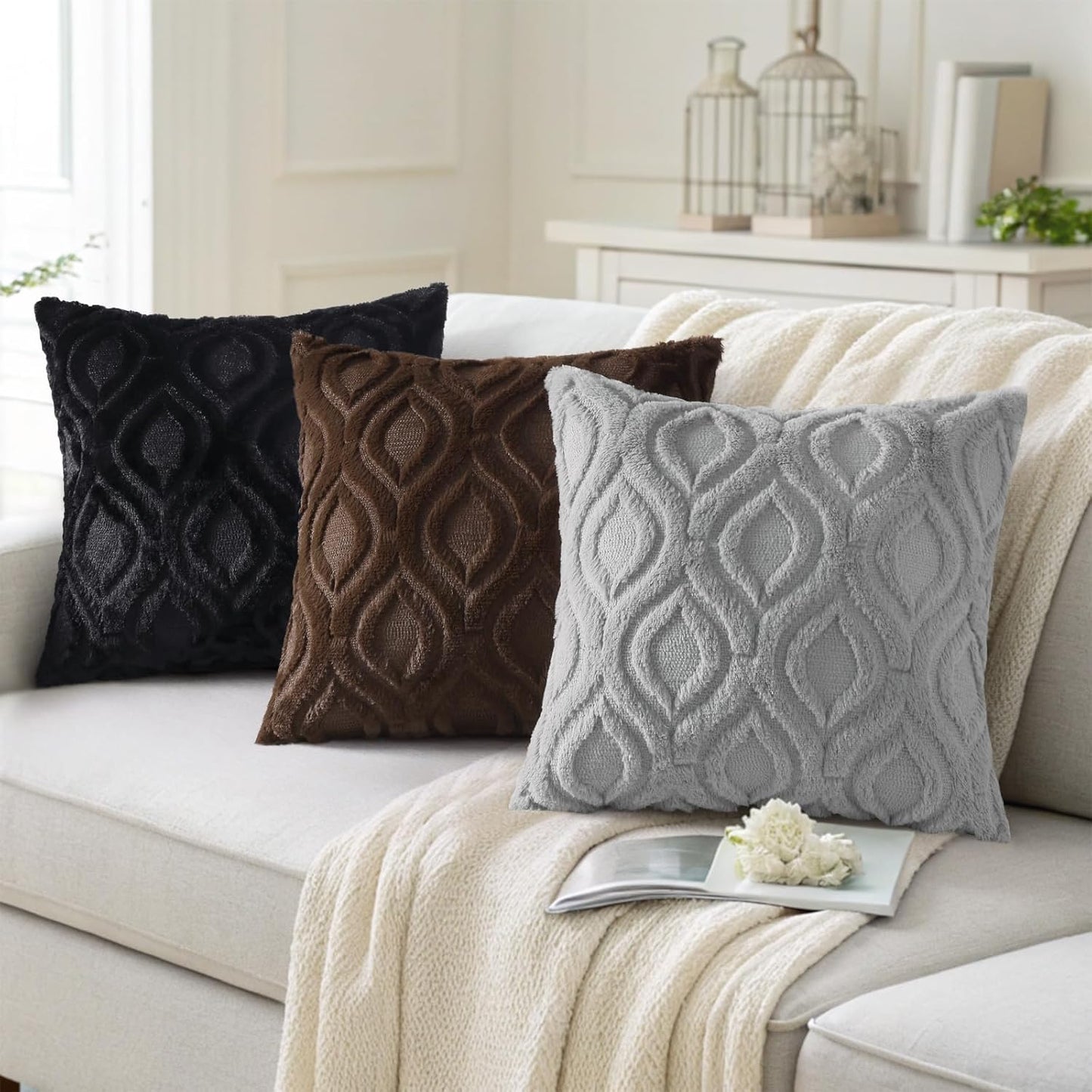 decorUhome Fall Throw Pillow Covers 22x22 Inch Set of 2, Soft Plush Decorative Faux Fur Grey Solid Couch Pillow Covers, Accent Farmhouse Neutral Square Euro Pillow Cases for Sofa Bed Living Room