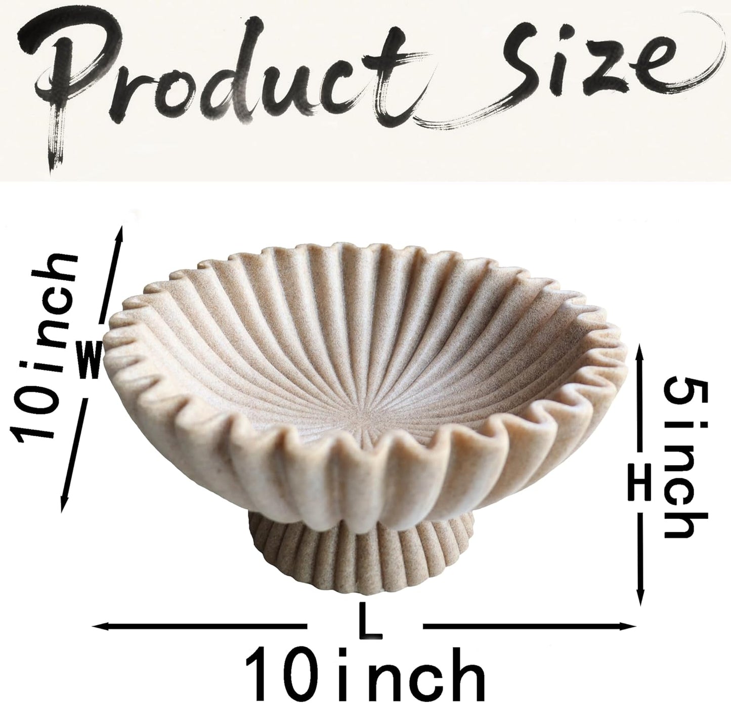 10" Large Decorative Bowl decor, Scalloped Bowls for Modern Home Decor,Ruffle Decor,Stylish Key Bowl for Entry Table,Decorative Fruit Bowl for Kitchen Counter,With base,Artificial Stone Beige