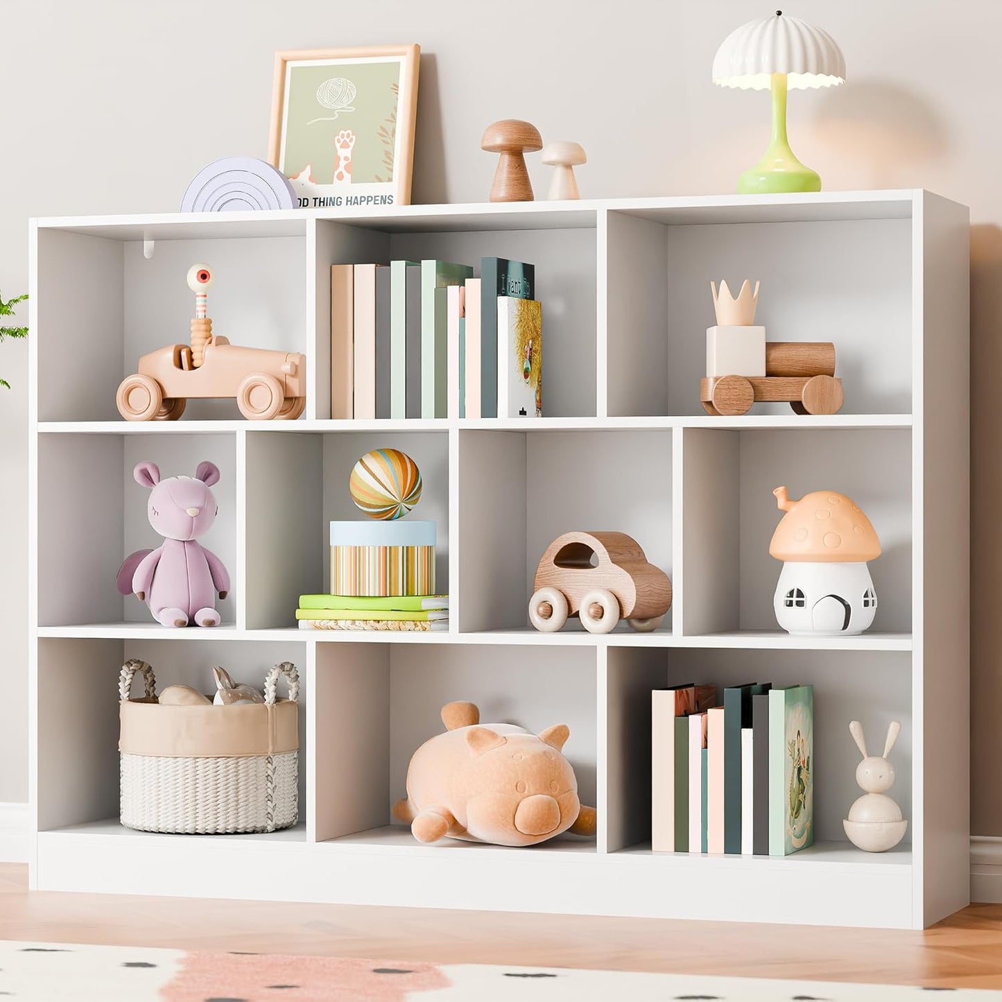 Cozy Castle White Bookshelf, 3-Tier Open Shelf Bookcase, 10 Cube Storage Organizer with Anti-Tilt Device, Freestanding Horizontal Bookshelf Cube Shelf for Bedroom, Living Room