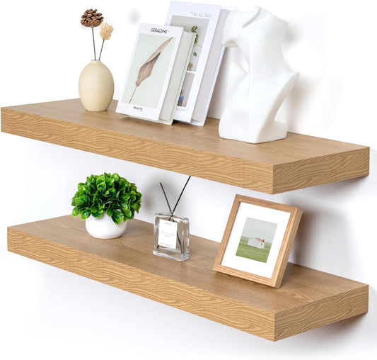 Deep Floating Shelves for Wall, 35.4W x 11.6D Rustic Large Wall Shelves Set of 2, 11.6 Inch Deep Oak Shelves 35.4 Inches Long, Bookshelf Laundry Shelf TV Shelf