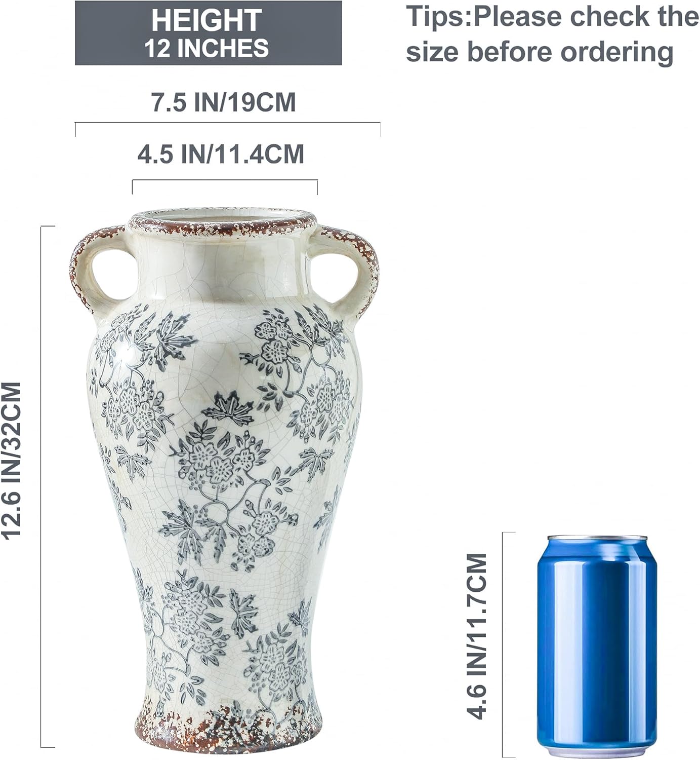 Enra Vintage vase with Handle,12.6 inch Blue and White Ceramic Decorative Flower vase, Chinoiserie Floral Vase,Large Rustic Vases for Home Decors, Living Room, Bookshelf, Office
