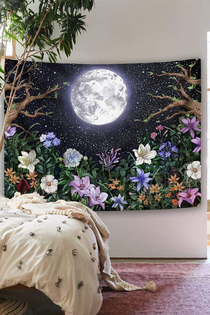 Neasow Aesthetic Moon Garden Tapestry Wall Hanging, Night Landscape with Colorful Plants Floral Tapestries for Bedroom Home Decor Multi Color 36×48 inch (90cm×120cm)
