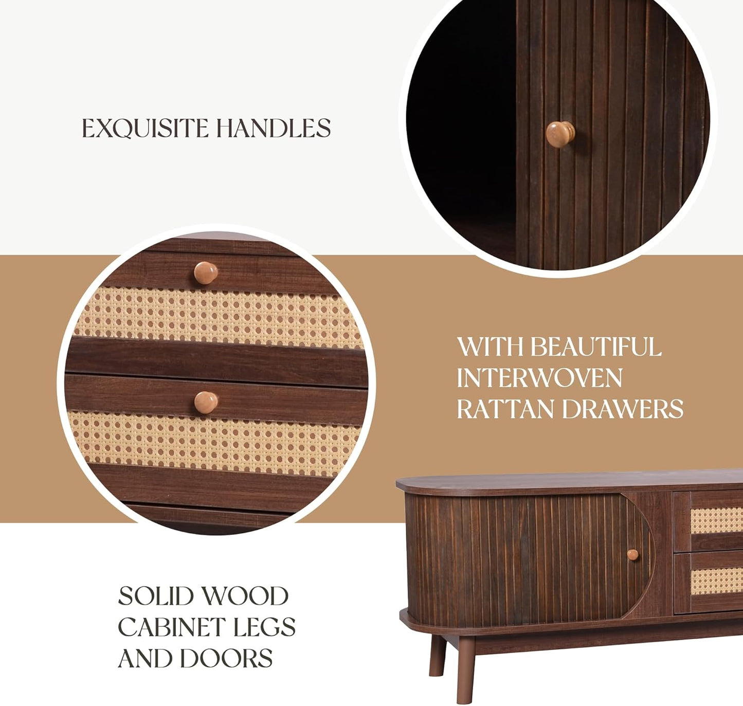 Merax Modern Fluted TV Stand for 75" TVs, Mid-Century Entertainment Center Tambour Door Media Console TV Cabinet with Rattan-Front Drawer for Living Room, Curved Profile Design