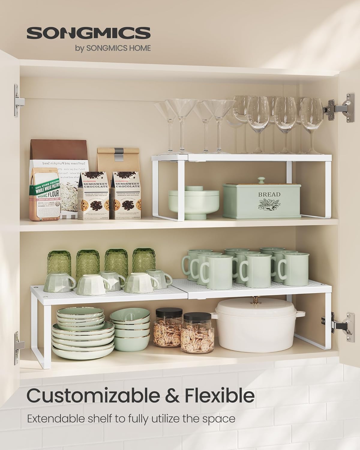 SONGMICS Spice Rack, Expandable Kitchen Countertop Shelf, Small Cupboard Organizer, Metal, Space-Saving Tabletop Shelf, Matte White UKCS007W01