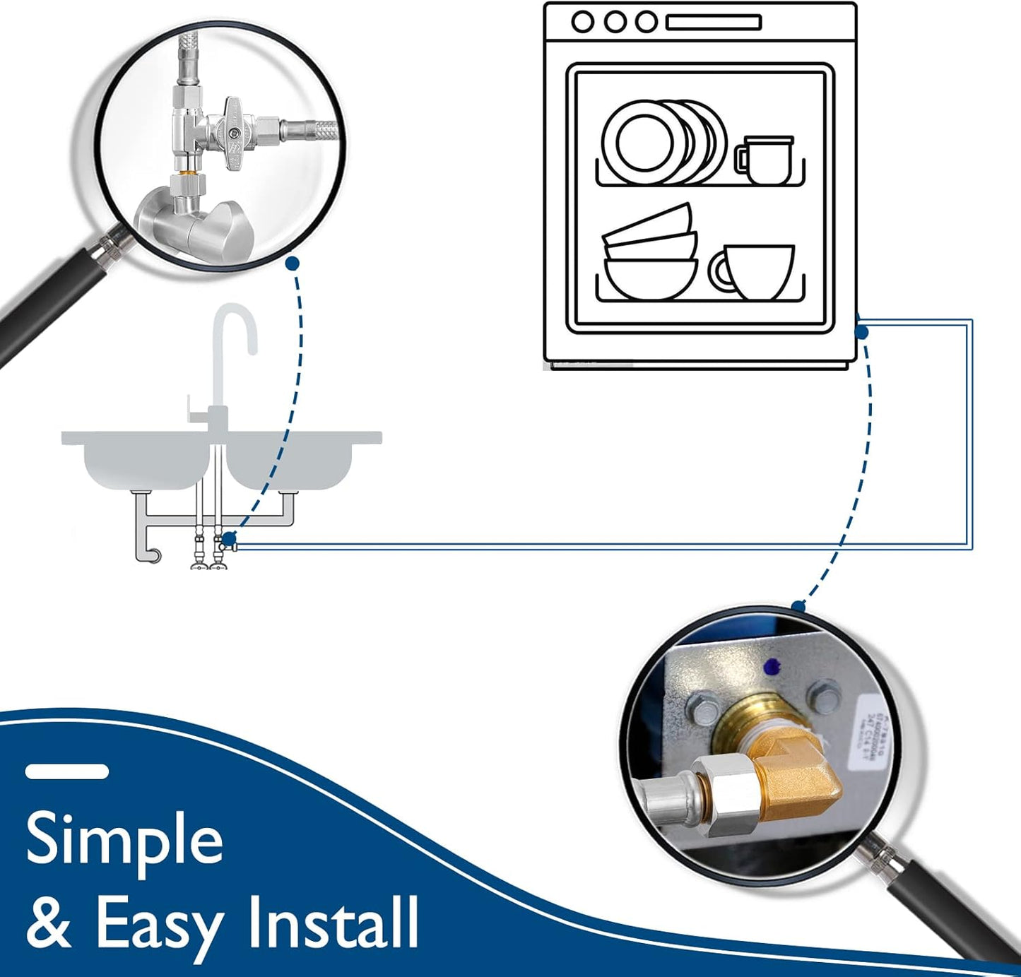 Dishwasher Installation Kit - 8 FT Stainless Steel Braided Dishwasher Hose kit,Food Grade PEX Inner Tube Water Line with 3/8"x 3/8"x 3/8" Tee Stop Valve,3/8"x 3/8"MIP Elbow,3/8"x 3/4"FHT Elbow