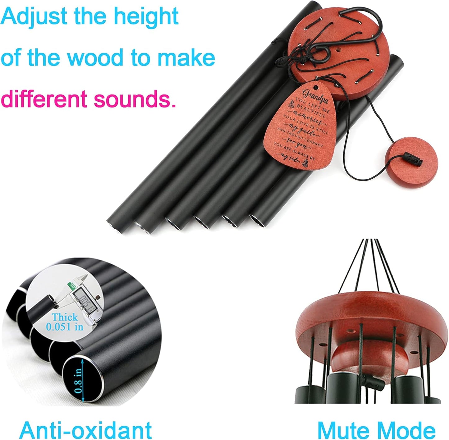 Memgift Memorial Wind Chime for Loss of Grandpa - Solid Beech Wood Sympathy Gift - Outdoor Bereavement Wind Chime for Garden, Patio - in Remembrance of Grandfather 32 Inch