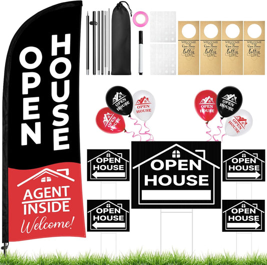 44 Pcs Open House Signs for Real Estate, Double Sided Open House Flag Kit, 7.6 x 5.4 Ft Black Banner Flag Poles Set for Outside, Directional Arrows Sign Stakes Balloons for Open House Supplies