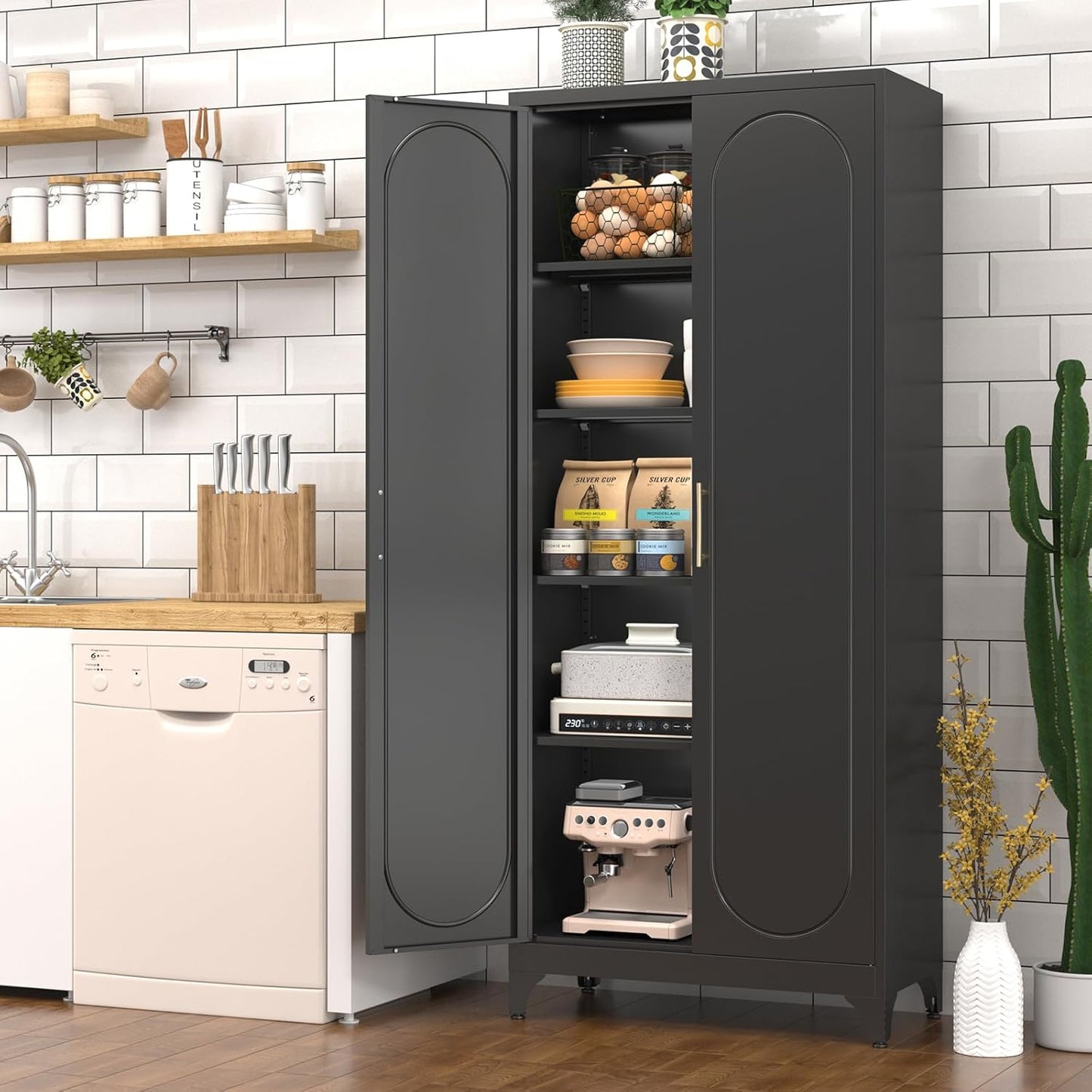 Pantry Cabinet, 75 Inch Tall Kitchen Storage Cabinet, Metal Pantry Cabinets with Doors and Adjustable Shelves, Black Freestanding Food Cupboard for Living, Dinning Room-Assembly Required