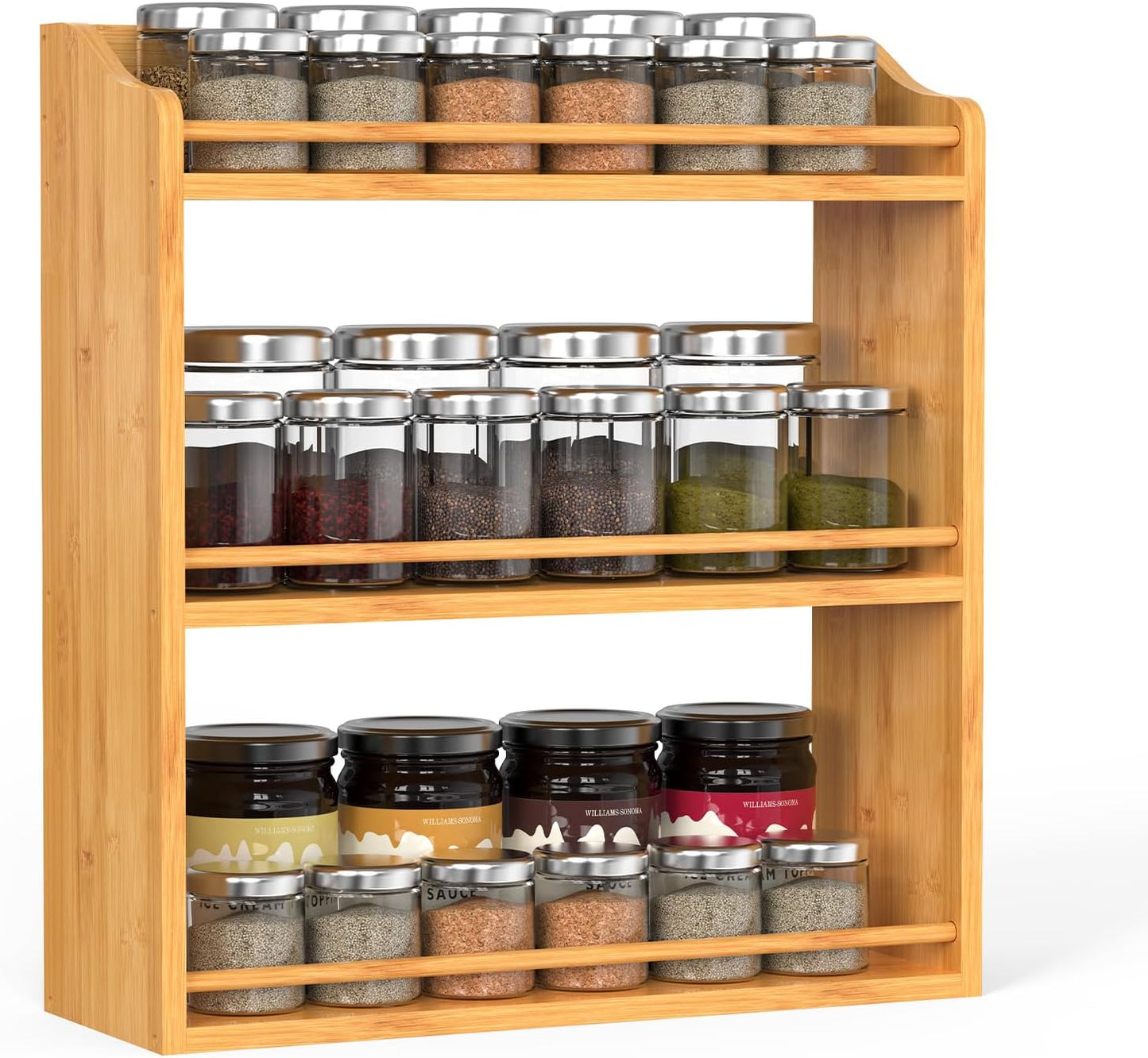 Bamboo Spice Rack Organizer, 3 Tier Spice Jars Shelf for Kitchen Countertop or Wall Mounting