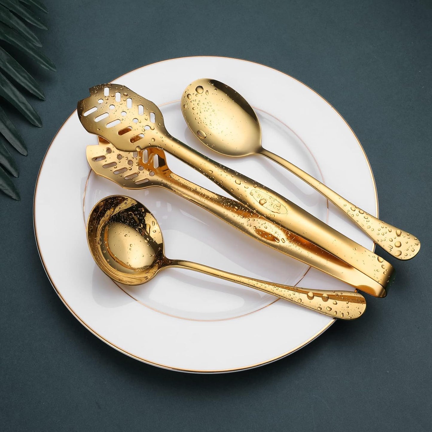 Gold Serving Utensils, OGORI 15-Piece Stainless Steel Gold Serving Utensils Set Include Serving Spoons, Slotted Serving Spoons, Serving Tongs, Serving Forks, Butter Knife, Soup Ladle, Pie Server