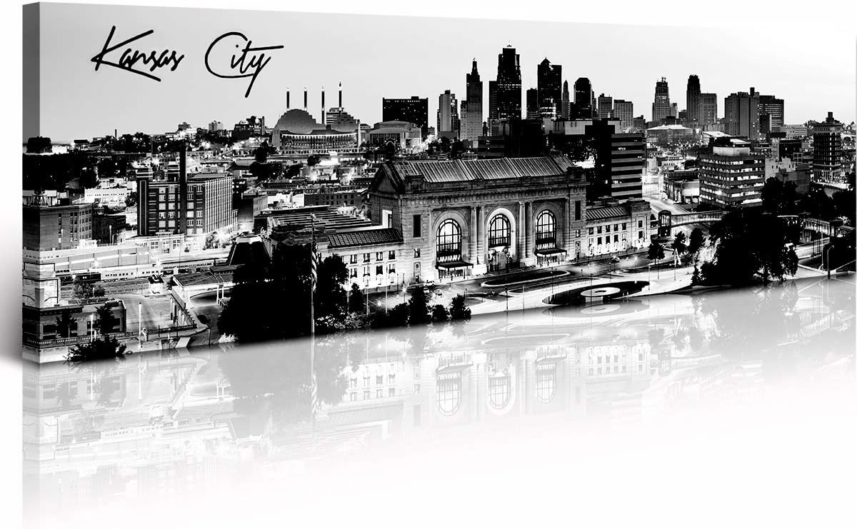 Pictures for Bedroom Black and White Wall Art Kansas City Panoramic Cityscape Skyline Canvas Art Prints for Living Room Office Home Decor Framed and Ready to Hang 13.8"x47.3"