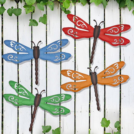 Metal Dragonfly Wall Decor, 4 Pack 14inch Retro Metal Dragonfly Wall Hanging Sculpture Decor for Outdoor, Yard Patio Fence Garden Outside Decorations