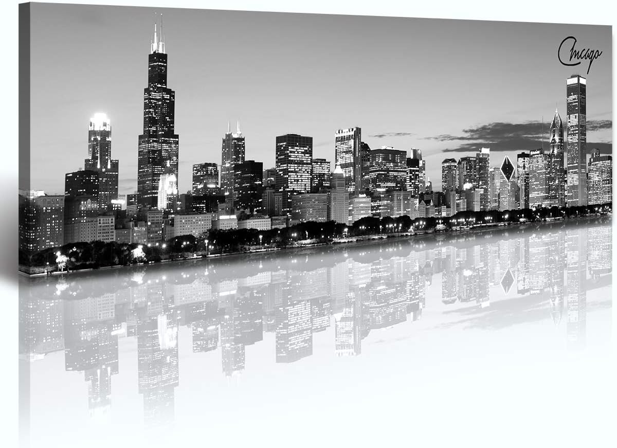 DJSYLIFE Chicago Skyline Wall Art - Black and White Modern Panoramic Cityscape Night View Picture Painting Bedroom Office Living Room Kitchen Home Decoration - Ready to Hang 13.8 "x 47.3" - Chicago 2