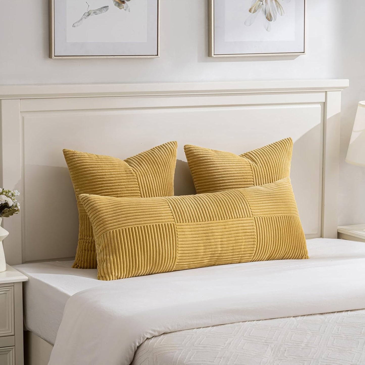 Fancy Homi 2 Packs Mustard Yellow Euro Decorative Throw Pillow Covers 26x26 Inch for Living Room Couch Bed, Farmhouse Boho Home Decor, Soft Corss Corduroy Patchwork Square Cushion Case 66x66 cm