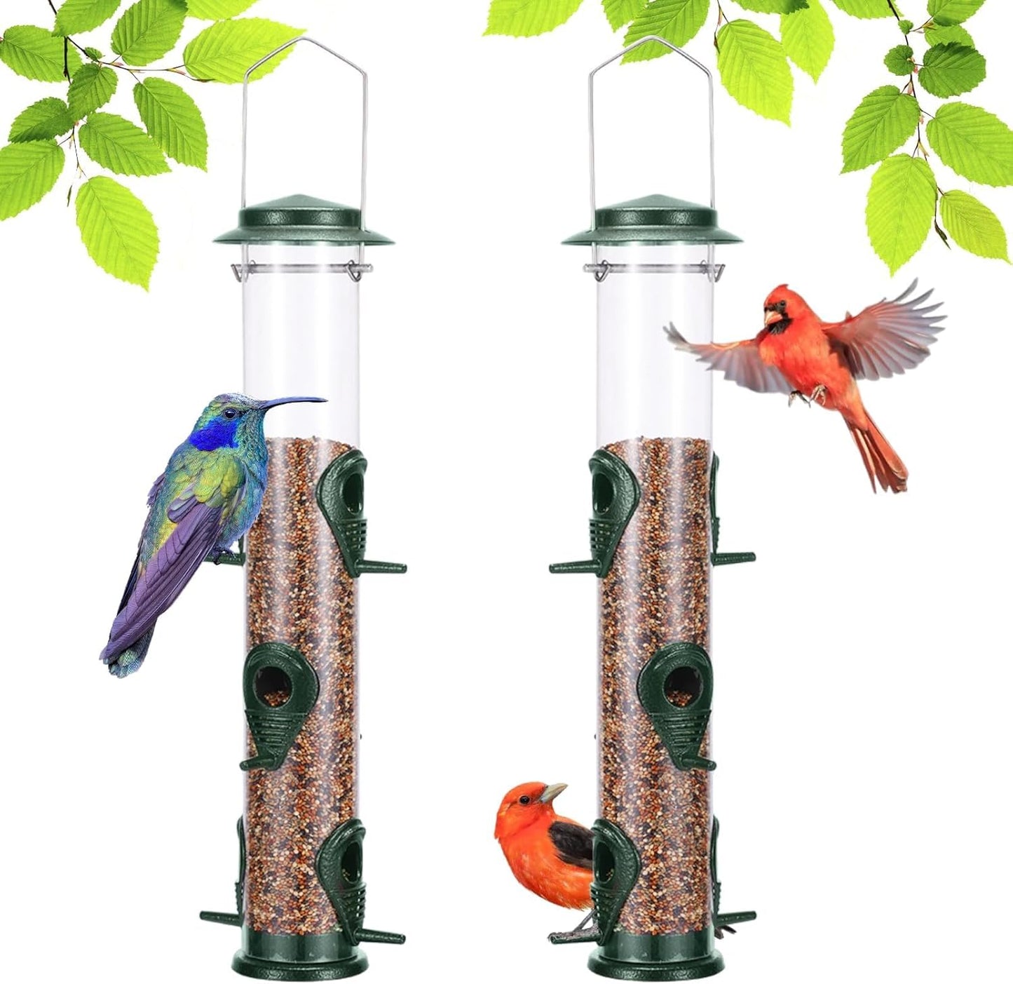 MIXXIDEA 2PK Metal Wild Bird Feeder Bird Feeders for Outdoors Hanging 6 Port Tube Bird Feeder Transparent Finch Feeder with Steel Hanger Green